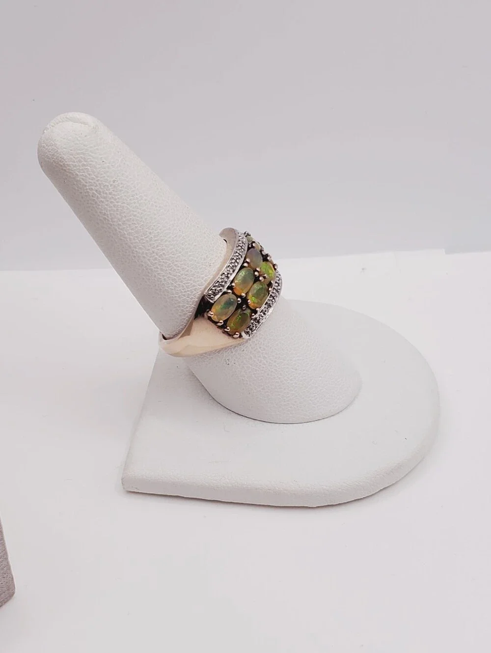 Double Row Genuine Opal Band Ring - Yellow Gold - 925 Sterling Silver